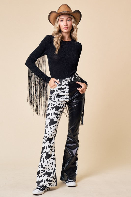High Waist Black and White Cow Flare Trouser | Zoven – motelrocks.com